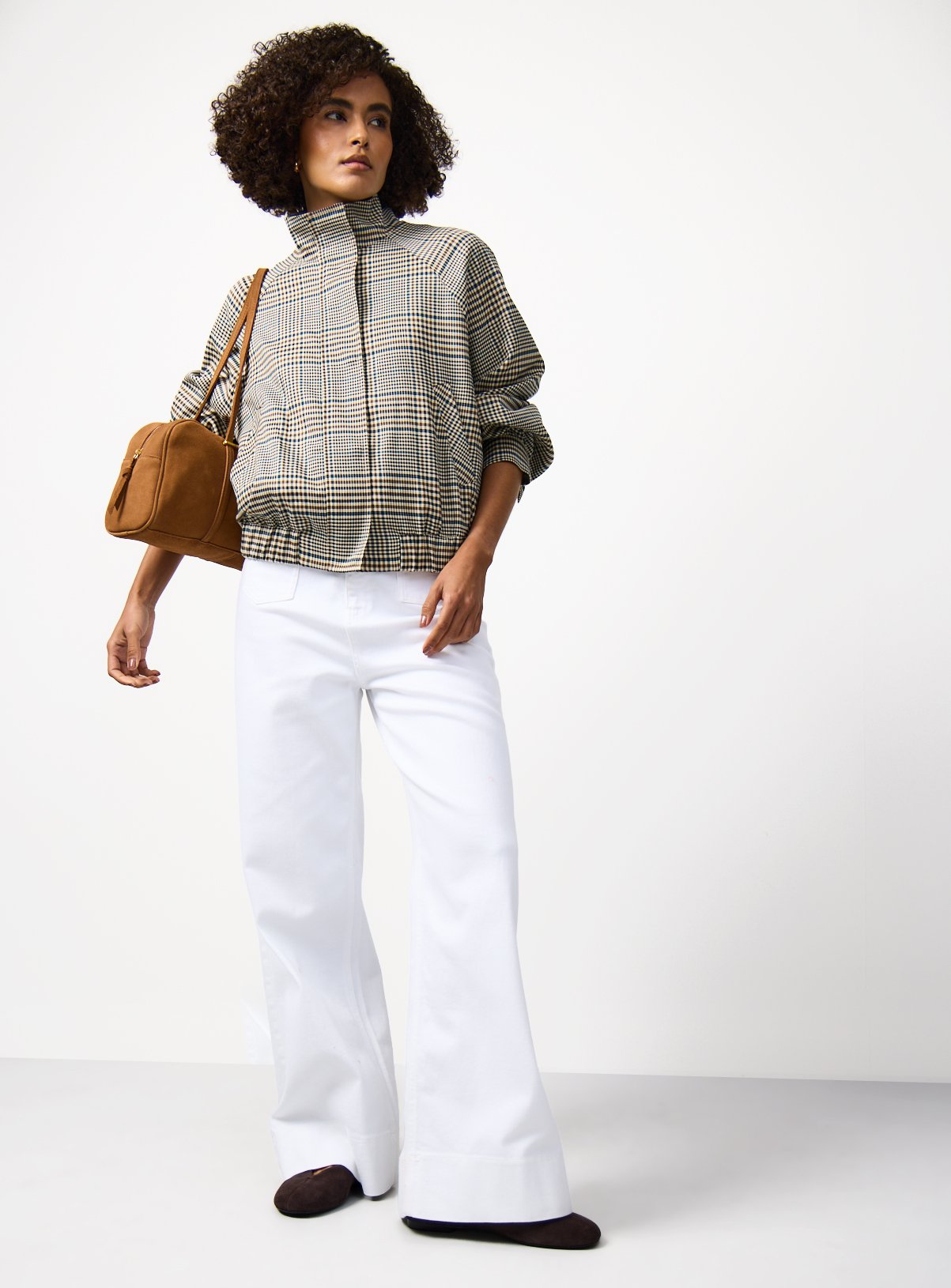 Neutral Check Print Funnel Neckline Bomber Jacket 14 - Image 2 thumbnail